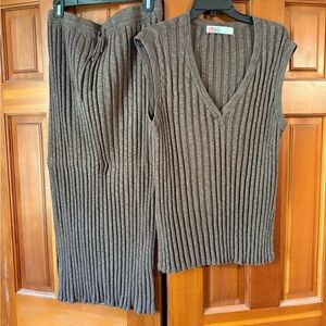 Free People Brown Ribbed Knit Top and Skirt Set, Size L
